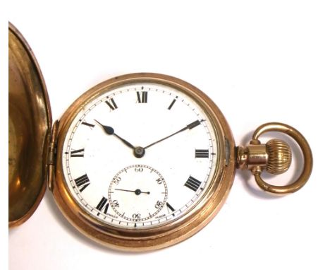 A gold plated full hunter pocket watch, the enamel dial with subsidiary seconds dial set with Roman numerals (af). CONDITION 