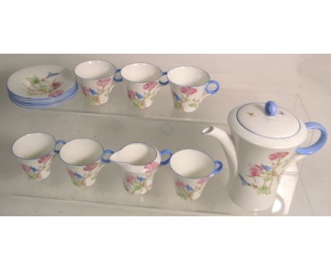 A Shelley floral decorated tea service comprising teapot, jug, six cups and saucers, pattern 2201, with registration number 7