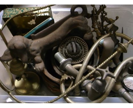 A collection of metalware to include a metal dog modelled as a door stop, a part lamp and a box of vintage and antique handle