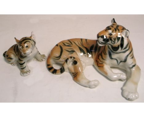 Two ceramic Russian figures of a tigress and her cub, length 30cm (2).