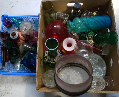A quantity of glassware to include a pair of green vases with applied floral enamel decoration, further coloured glassware to