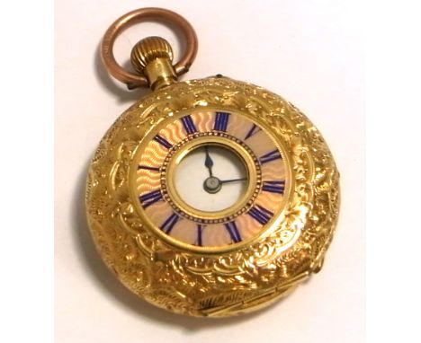 An 18ct gold fob watch, enamel dial set with Roman numerals. and subsidiary iridescent rose and blue enamel dial on case also