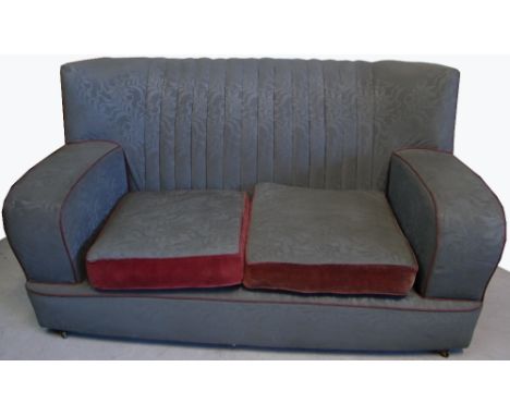 A retro c.1940s three piece suite consisting of sofa and two chairs upholstered in grey floral embossed fabric. 