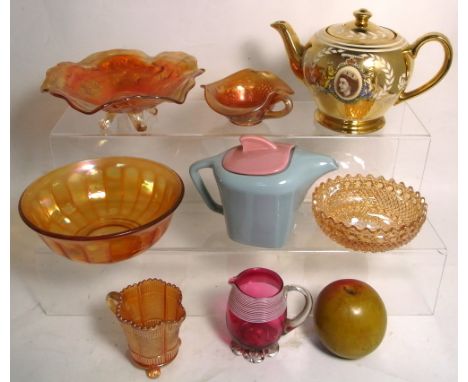 A small quantity of glassware to include five pieces of carnival glass, a small cranberry glass jug, a Sadler gilded coronati