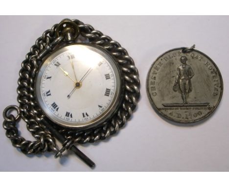 A hallmarked silver open face pocket watch with white metal fob chain and a Queen Victoria jubilee medal (2)