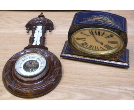 A small 19th century mahogany J&G wall barometer, height 40cm (af) and a blue cased chinoiserie style French mantel clock, gi
