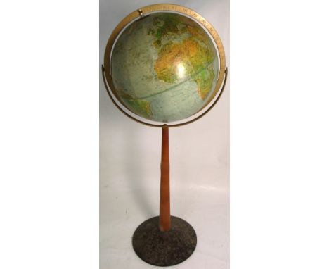 A 12" Replogle "Land and Sea" globe raised on turned wooden column and dish base, height 84cm.