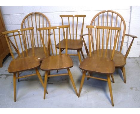 Two Ercol style low stick back arm chairs and four stick back dining chairs (6).