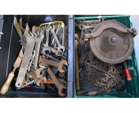 Two boxes of vintage tools to include wooden mallets, spanners, hammers etc.
