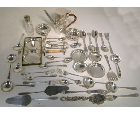A small quantity of silver plated items to include flatware, pots, a boxed set of dishes, a knife rest etc.