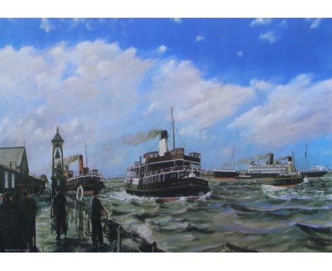 After THOMAS H SHUTTLEWORTH; coloured print depicting the Royal Daffodil II ferry on the river Mersey, limited edition no. 88