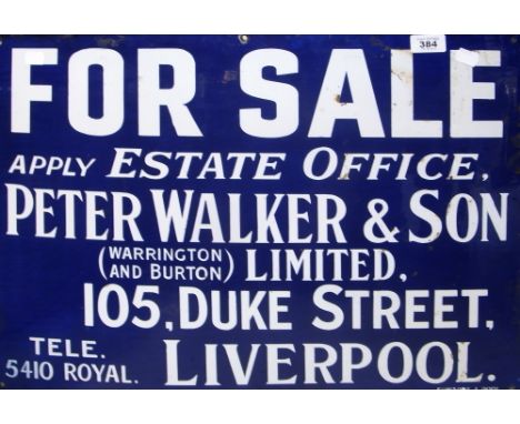 A Peter Walker and Son Ltd of 105 Duke Street, Liverpool blue enamel sign, 46 x 61cm.