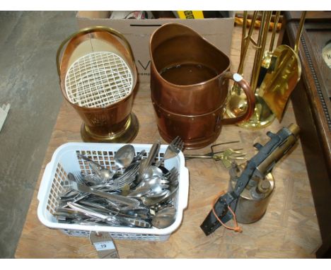 A Copper jug with simulated banding, brass fire companion, brass blow lamp,firescreen and loose flatware.