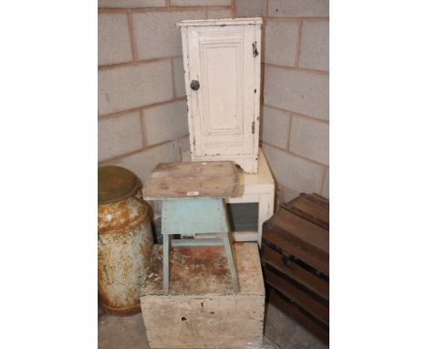 A Painted pine meat safe, a painted Victorian pot cupboard, a painted stool and pine hinged box. (4)