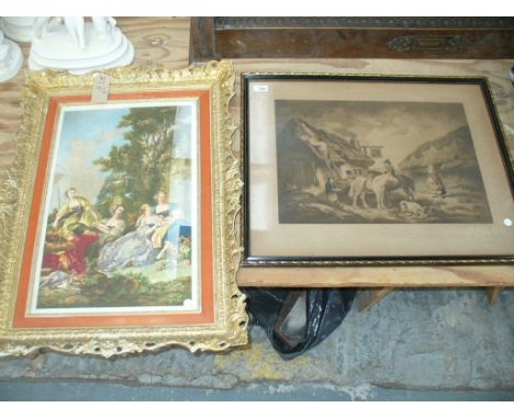 A Coloured print , figures gathered in a garden , signed in pencil Lawrence Josset within an ornate openwork gilt frame and a