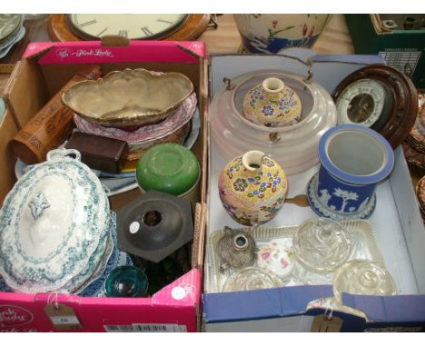 A Red and white tureen , blue and white dinner wares, a collection of marbles to a vintage coffee storage tin, oriental vases