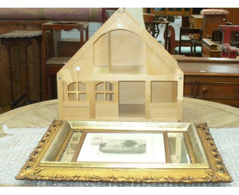 A Dolls house frame , a mirror with an openwork leafy gilt frame and a coloured print. (3)