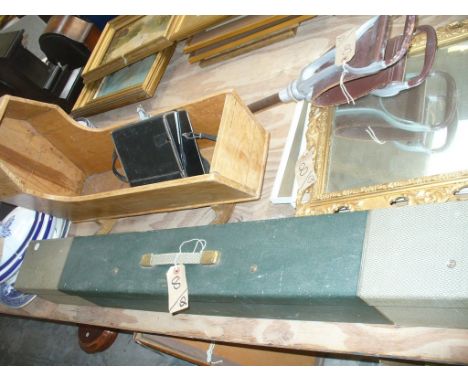 A Pine cradle, shooting stick , a boxed " Johnsons of Hendon" folding projector screen and a cased " Sankyo " cine camera, gi