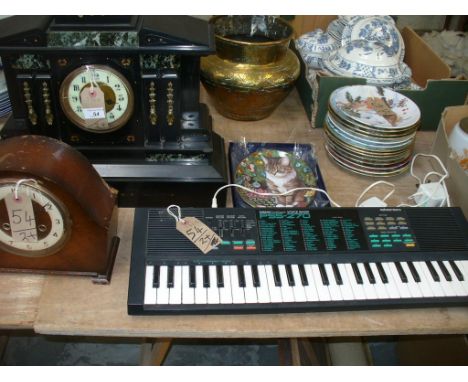 Royal Worcester and other assorted collectors plates, oak cased mantel clock, keyboard and a Victorian black slate and green 
