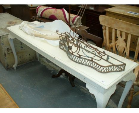 A Painted console table on curvilinear legs and a painted iron console table with a composition top. (2)