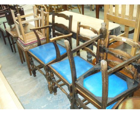 A Set of four oak 20th Century ladder back dining chairs , 1 other, stool, occasional table, wine table and magazine rack.