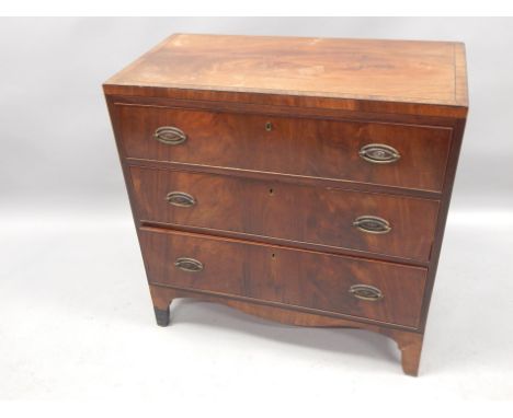 An early 19thC mahogany and ebony strung chest of drawers, the caddy top above three long drawers, on bracket feet, 91cm wide