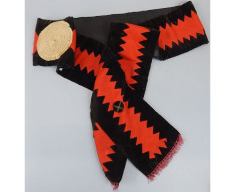 A velvet sash, embroidered with a kid glove, a heart and rosette, 