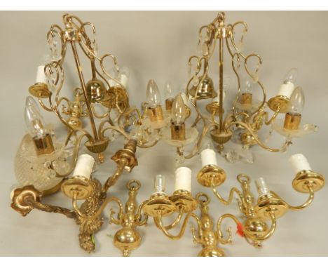 Various 20thC gilt brass light fittings, with suspended drops etc.