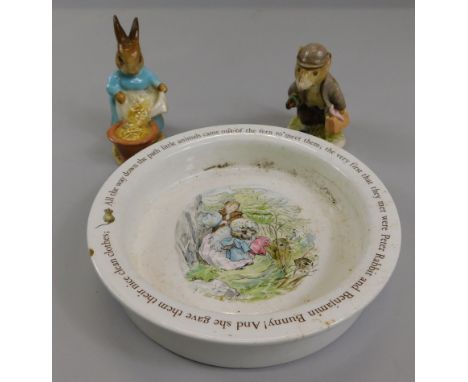 Three items of Beatrix Potter ornaments, to include a Wedgwood Mrs Tiggywinkle bowl, a Beswick England figure of Cecily Parsl