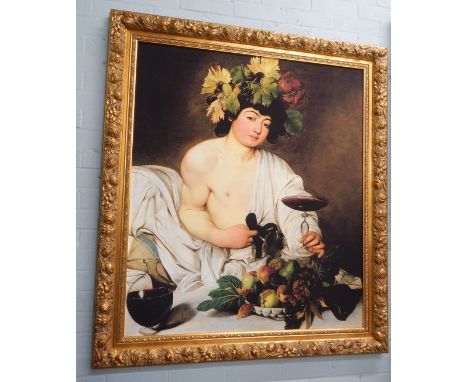 After Caravaggio.  Young Bacchus with fruit and a glass of wine, coloured print, 113cm x 97cm. 