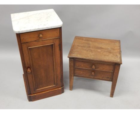 Two items of 19thC furniture, a mahogany pot cupboard, with marble top, and an early 19thC elm box commode, with two simulate