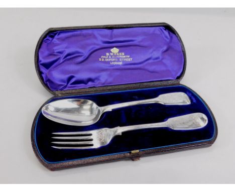 A silver and silver plated christening set, to include a 19thC silver Fiddle pattern spoon and associated fork, each with lat