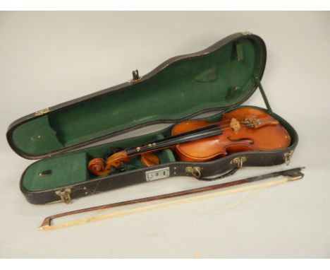 A Chinese violin, with two piece back, length of back 31.5cm and a bow