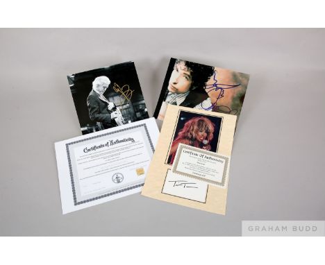 Three signed rock legends photographs  featuring a large black and white image of Jimmy Page, signed in gold pen measuring 12