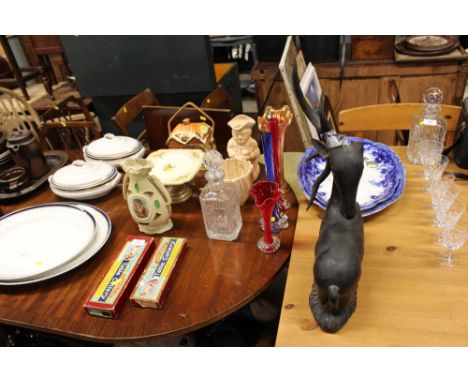 A cottageware barrel together with various glass vases; a carved wooden animal ornament AF two blue and white meat plates; bo