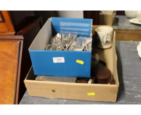 Two trays of cutlery; a ceramic mug depicting Queen Victoria etc. 