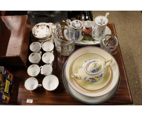 A quantity of bone china floral decorated teaware; a Royal Worcester dish; a large pottery bowl etc. 