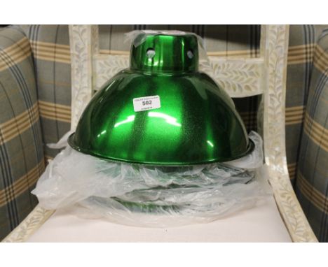 Five green metal light shades 