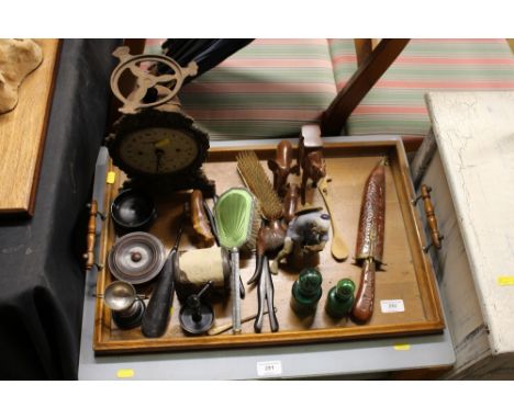 An oak tray; together with scales; dressing table items; carved wooden ornaments etc. 