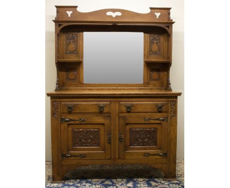 Art Nouveau oak sideboard, in the style of Shapland &amp; Petter, mirror back with pierced cresting, the base with two drawer