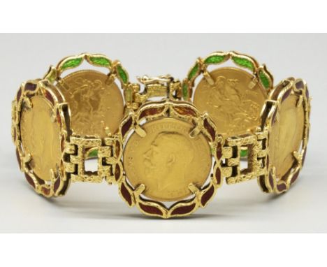 Yellow metal and enamel bracelet set with five Geo.V 1925 gold sovereigns, gross 85.6g 