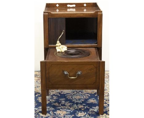 George III mahogany tray top commode, tambour door above pull-out with ceramic liner, on square supports, W47cm D44cm H73cm 
