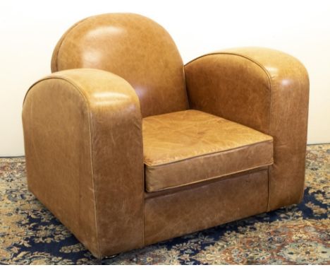 Art Deco style light brown leather club type chair, with arched back, shaped arms and loose seat cushion, W100cm D90cm H76cm 