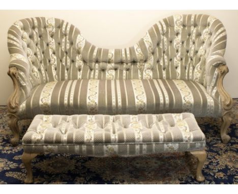 Suite of Victorian Drawing room furniture comprising; Double end couch, open arm chair, arm chair and later footstool, all de