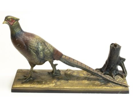Austrian cold painted spelter table lighter in the form of a cock pheasant by a tree stump, complete with wand strike, L32cm,