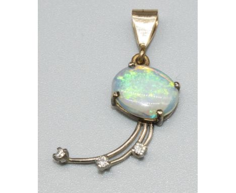 9ct yellow gold opal and diamond pendant, the cabochon opal above three brilliant cut diamonds, stamped 9ct, 1.8g 