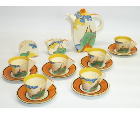 Clarice Cliff Seven Colour Secrets pattern Bonjour shape coffee service, comprising: coffee pot and cover, cream jug, sugar b