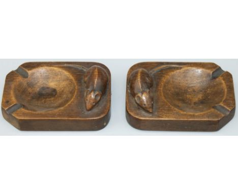 Robert "Mouseman" Thompson of Kilburn - pair of oak rectangular ashtrays with opposing signature carved mice (2) 