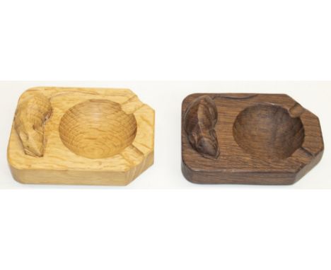 Robert "Mouseman" Thompson of Kilburn - two rectangular oak ashtrays, both carved with signature mouse, L10cm W7.5cm (2) 