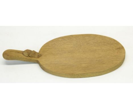 Robert "Mouseman" Thompson of Kilburn - adzed oak oval cheese board, curved handle carved with signature mouse, L40cm W20cm 